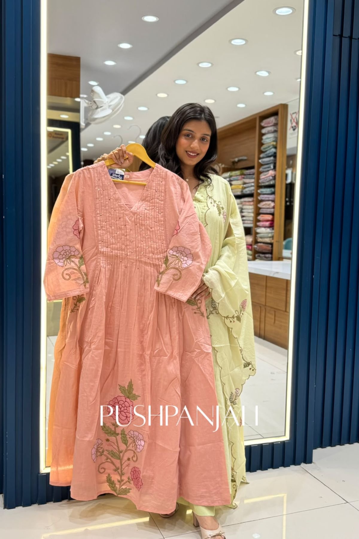 Peach Pink Cotton Anarkali Kurta Set with Scalloped Embroidered Dupatta