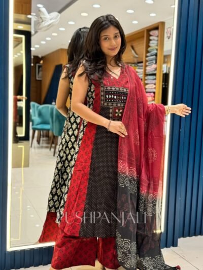 Maroon & Jet Black Cotton Anarkali Kurta Pant Set with Traditional Printed Dupatta