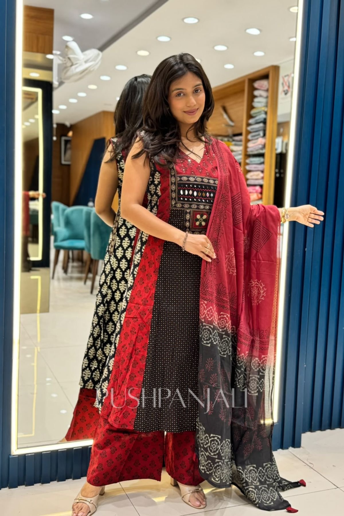 Maroon & Jet Black Cotton Anarkali Kurta Pant Set with Traditional Printed Dupatta