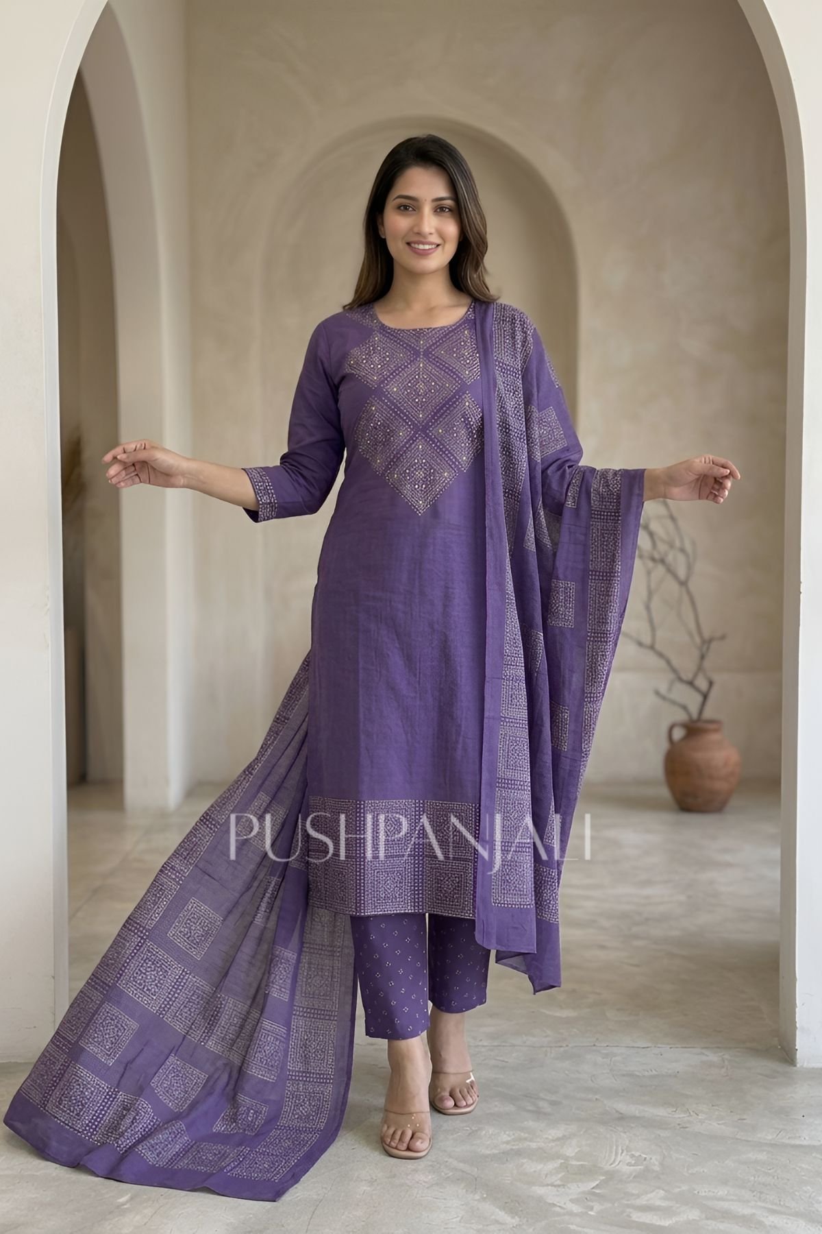 Purple Cotton Kurta Pant Set with Printed Dupatta for Women - Image 2