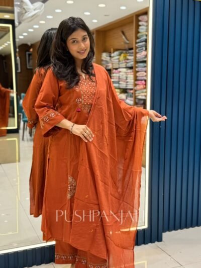 Rust Orange Cotton Straight Kurta Pant Set