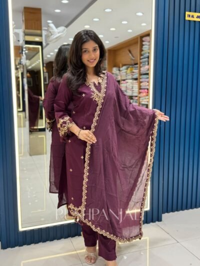 Premium Cotton Embroidered Kurta Set with Dupatta – Deep Wine