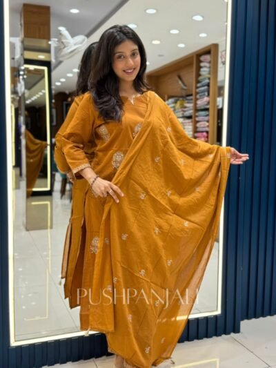 Premium Cotton Embroidered Kurta Set with Dupatta – Mustard Yellow