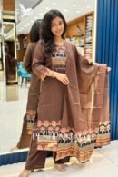 Premium Cotton Printed Anarkali Kurta Set with Dupatta – Dark Brown