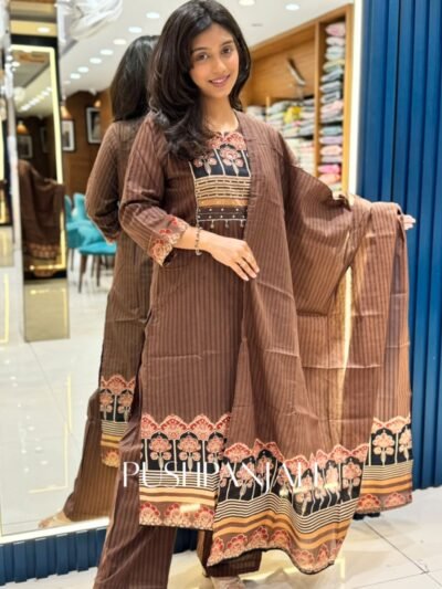 Premium Cotton Printed Anarkali Kurta Set with Dupatta – Dark Brown