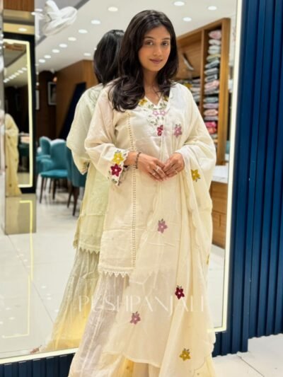 Premium Off White Floral Embroidered Cotton Kurta Pant Set with Dupatta for Women