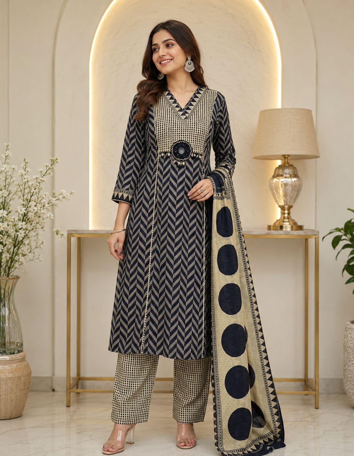 Premium Indigo Navy Blue and Beige Geometric Print Cotton Straight Kurta Pant Set with Dupatta for Women