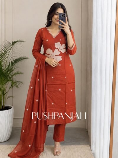 Premium Rust Orange Floral Applique Cotton Straight Kurta Pant Set with Dupatta for Women