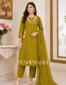 Premium Olive Mehendi Green Floral Applique Cotton Straight Kurta Pant Set with Dupatta for Women