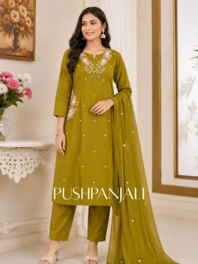 Premium Olive Mehendi Green Floral Applique Cotton Straight Kurta Pant Set with Dupatta for Women