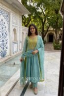 Premium Mul Chanderi Embroidered Anarkali Kurta Set with Dupatta – Sky Blue
