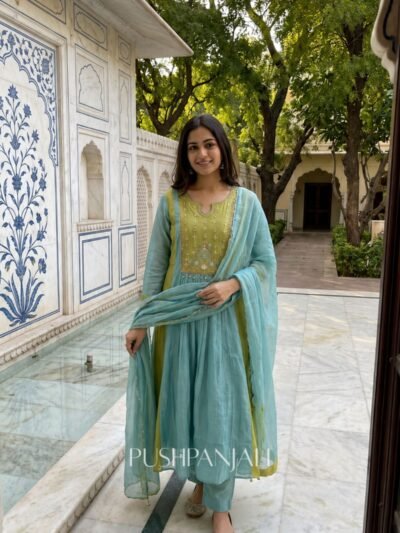 Premium Mul Chanderi Embroidered Anarkali Kurta Set with Dupatta – Sky Blue