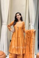 Premium Mul Chanderi Embroidered Anarkali Kurta Set with Dupatta – Mustard Yellow