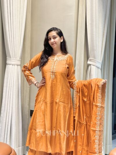 Premium Mul Chanderi Embroidered Anarkali Kurta Set with Dupatta – Mustard Yellow