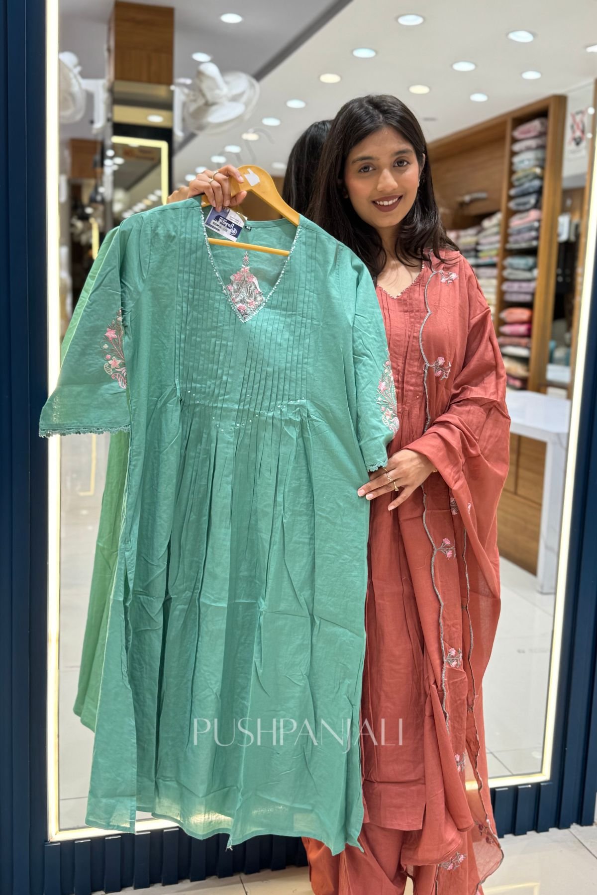 Premium Cotton Embroidered Kurta Set with Dupatta – Sage Green - Image 2