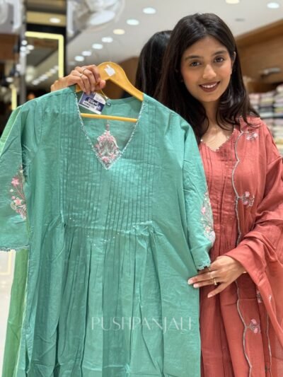 Premium Cotton Embroidered Kurta Set with Dupatta – Sage Green