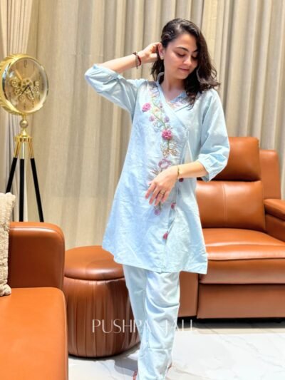 Premium Cotton Embroidered Angrakha Co-Ord Set – Sky Blue