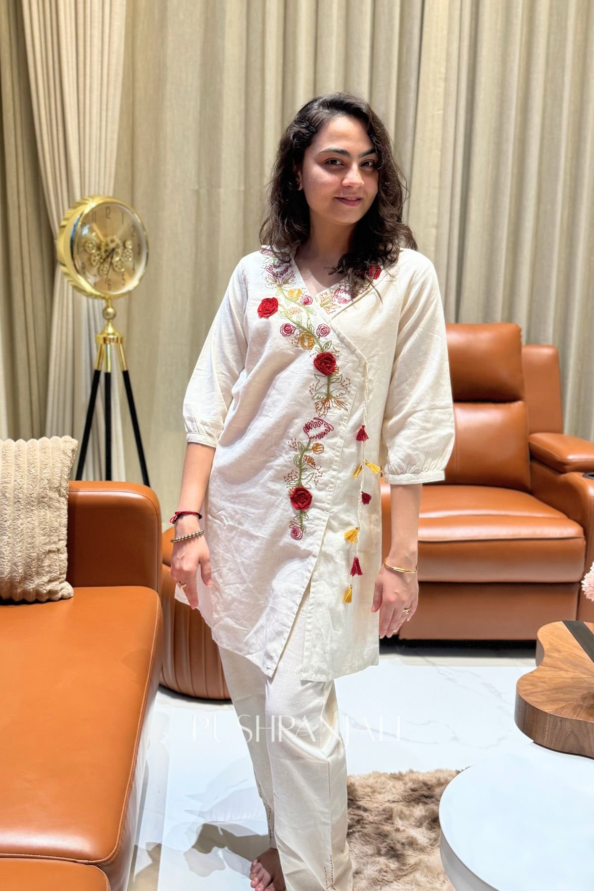 Premium Cotton Embroidered Angrakha Co-Ord Set – Off-White - Image 3