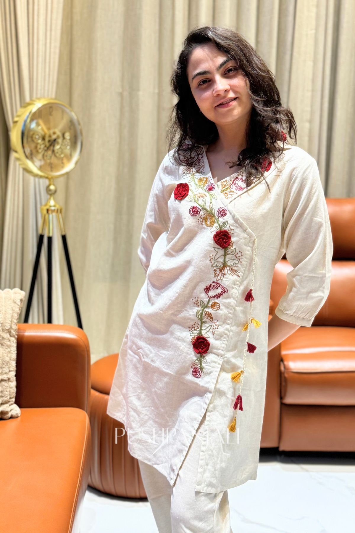 Premium Cotton Embroidered Angrakha Co-Ord Set – Off-White - Image 2