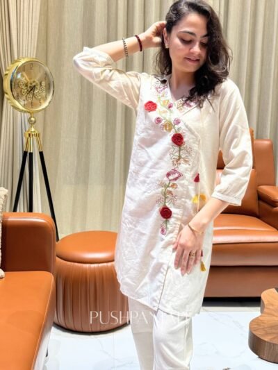 Premium Cotton Embroidered Angrakha Co-Ord Set – Off-White