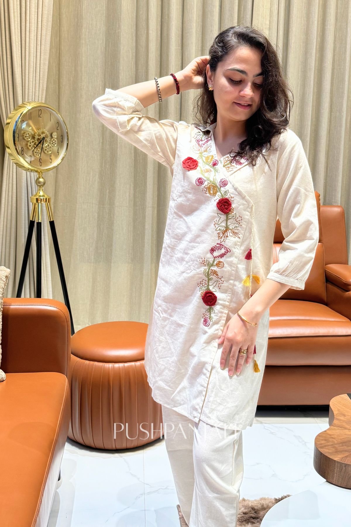 Premium Cotton Embroidered Angrakha Co-Ord Set – Off-White