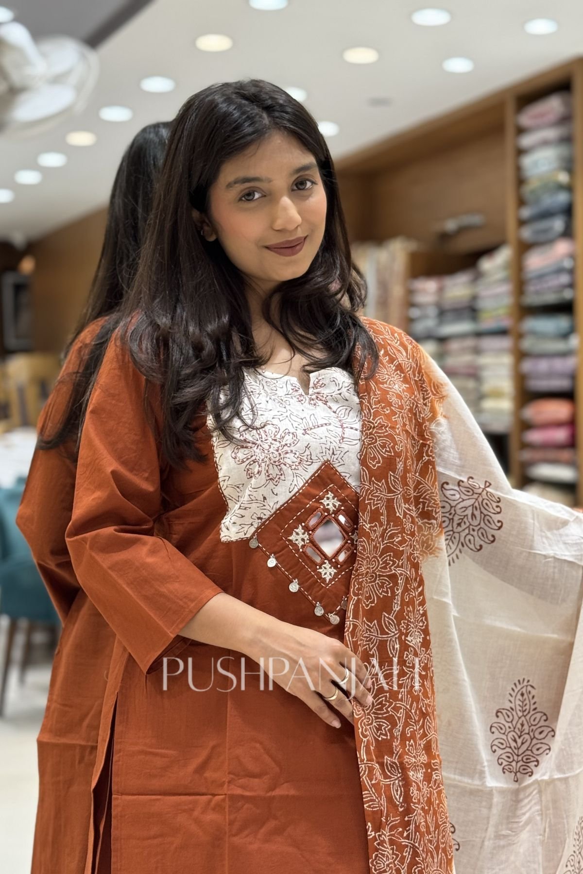 Premium Rust Brown Cotton Straight Kurta Pant Set with Dupatta for Women - Image 3