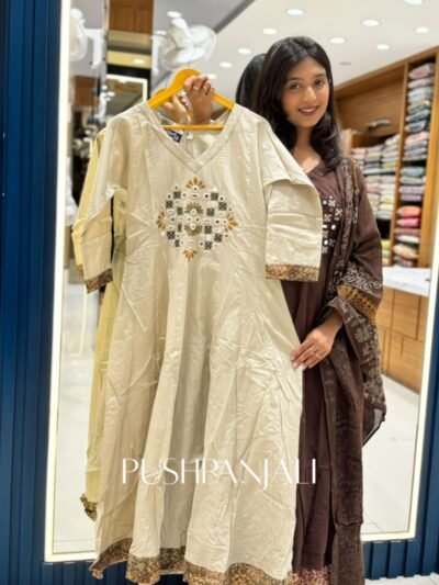 Premium Cream Cotton Embroidered Kurta Pant Set with Dupatta for Women