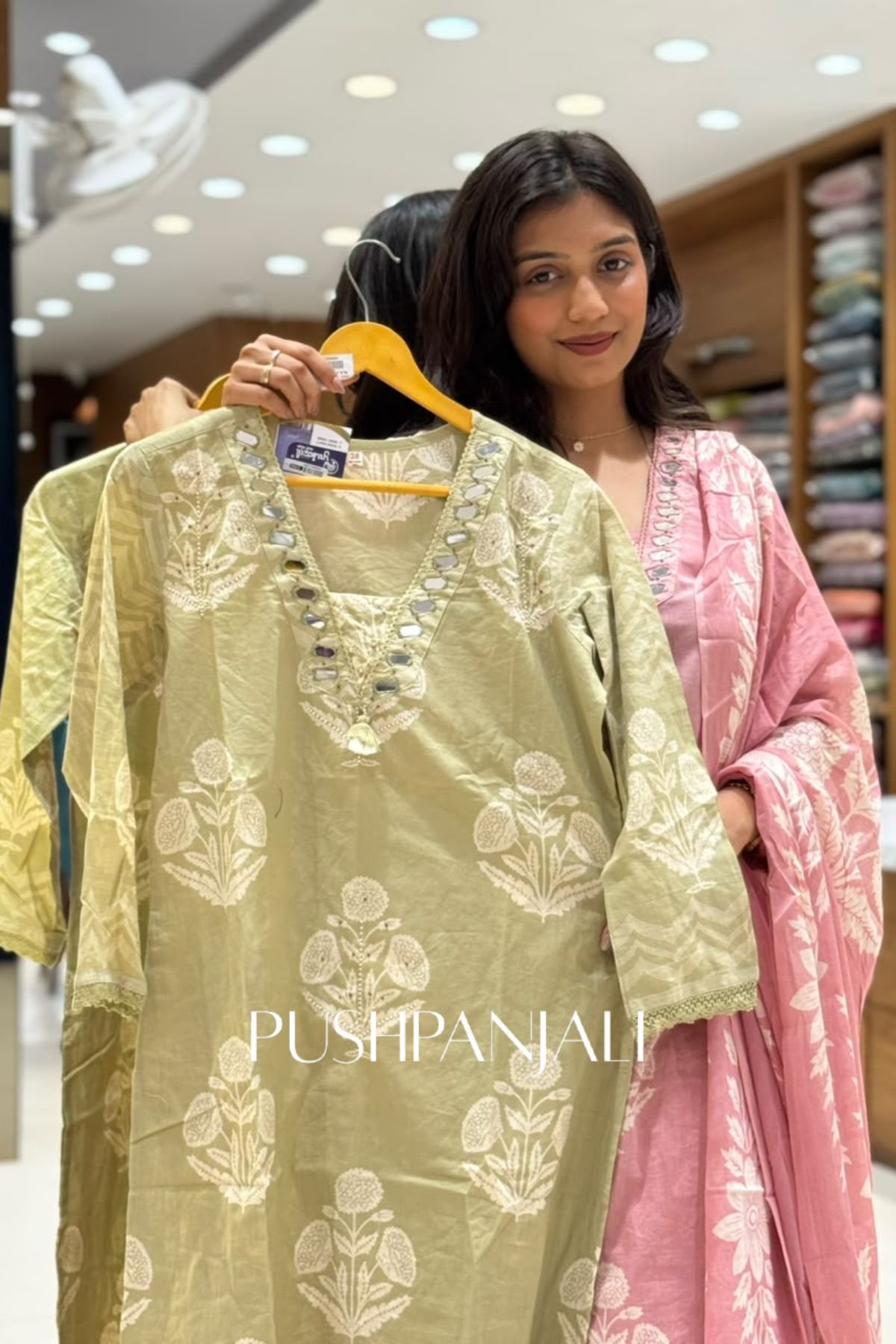 Pastel Mint Green Floral Printed Chanderi Cotton Kurta Set with Mirror Work Neckline - Image 2