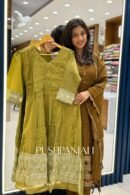 Olive Mehendi Green Chanderi Silk Pintuck A-Line Kurta Set with Embroidered Borders