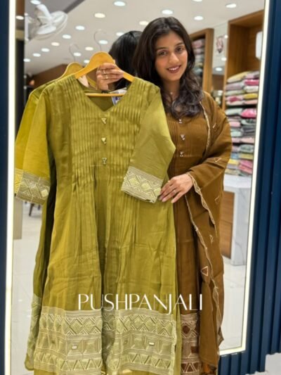 Olive Mehendi Green Chanderi Silk Pintuck A-Line Kurta Set with Embroidered Borders