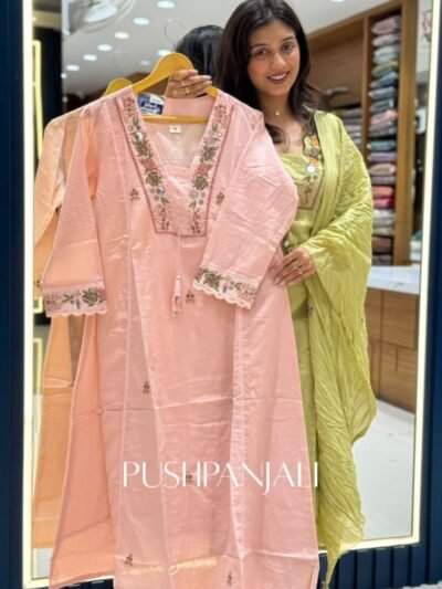 Pastel Peach Chanderi Silk Floral Embroidered Straight Kurta Set