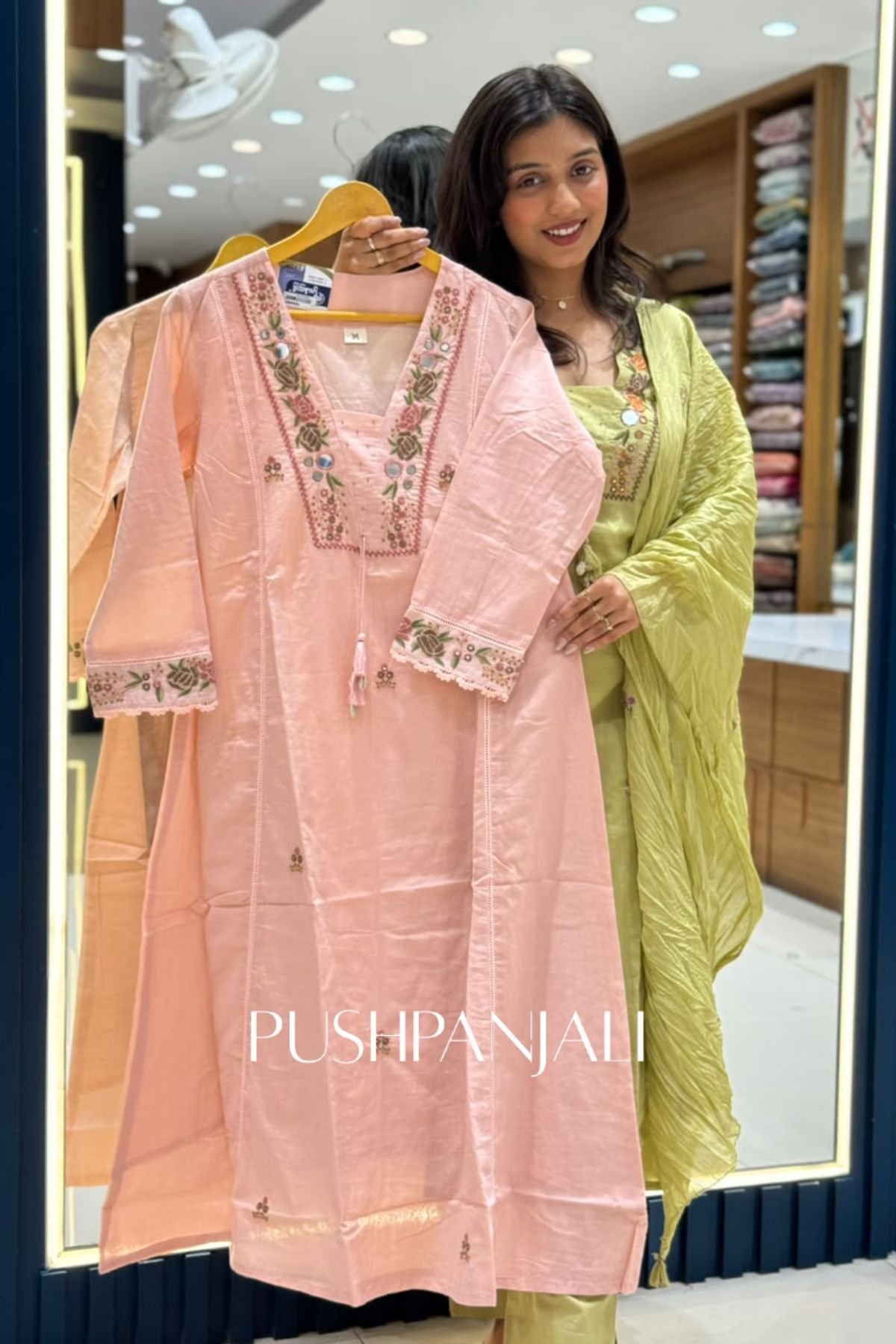Pastel Peach Chanderi Silk Floral Embroidered Straight Kurta Set