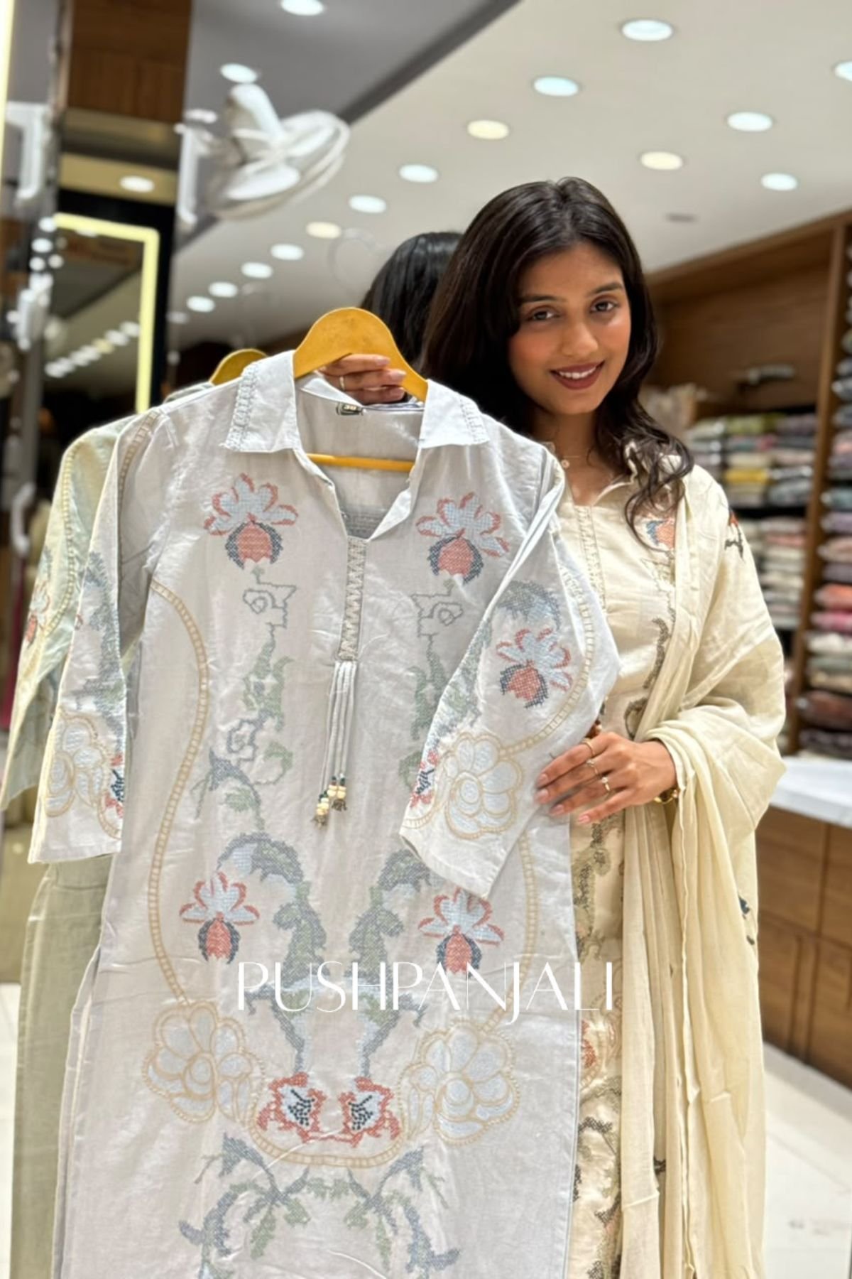 Ice Blue Cotton Silk Kashmiri Floral Embroidered Straight Kurta Set with Dupatta - Image 2