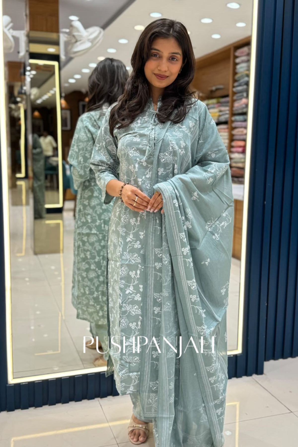 Sage Green Cotton Floral Printed Straight Kurta Pant Set with Border Dupatta - Image 2