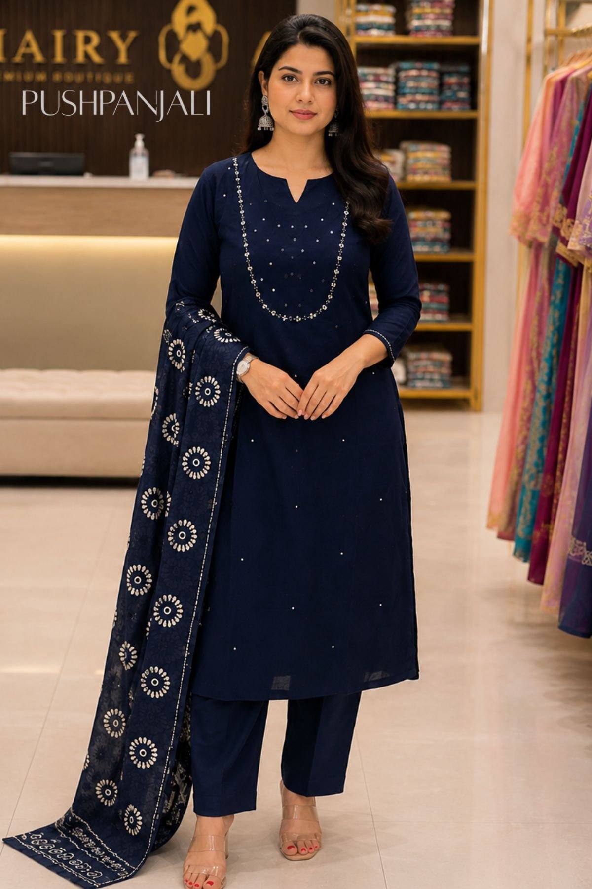 Navy Blue Cotton Kurta Pant Set with Printed Dupatta for Women - Image 2