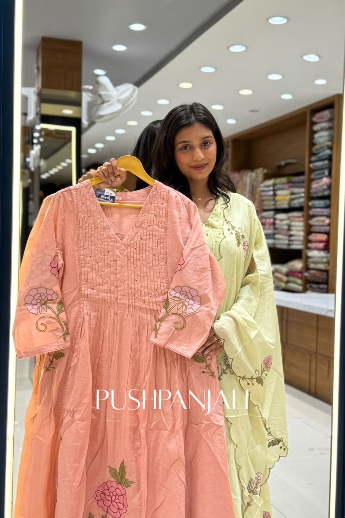 Peach Pink Cotton Anarkali Kurta Set with Scalloped Embroidered Dupatta - Image 2