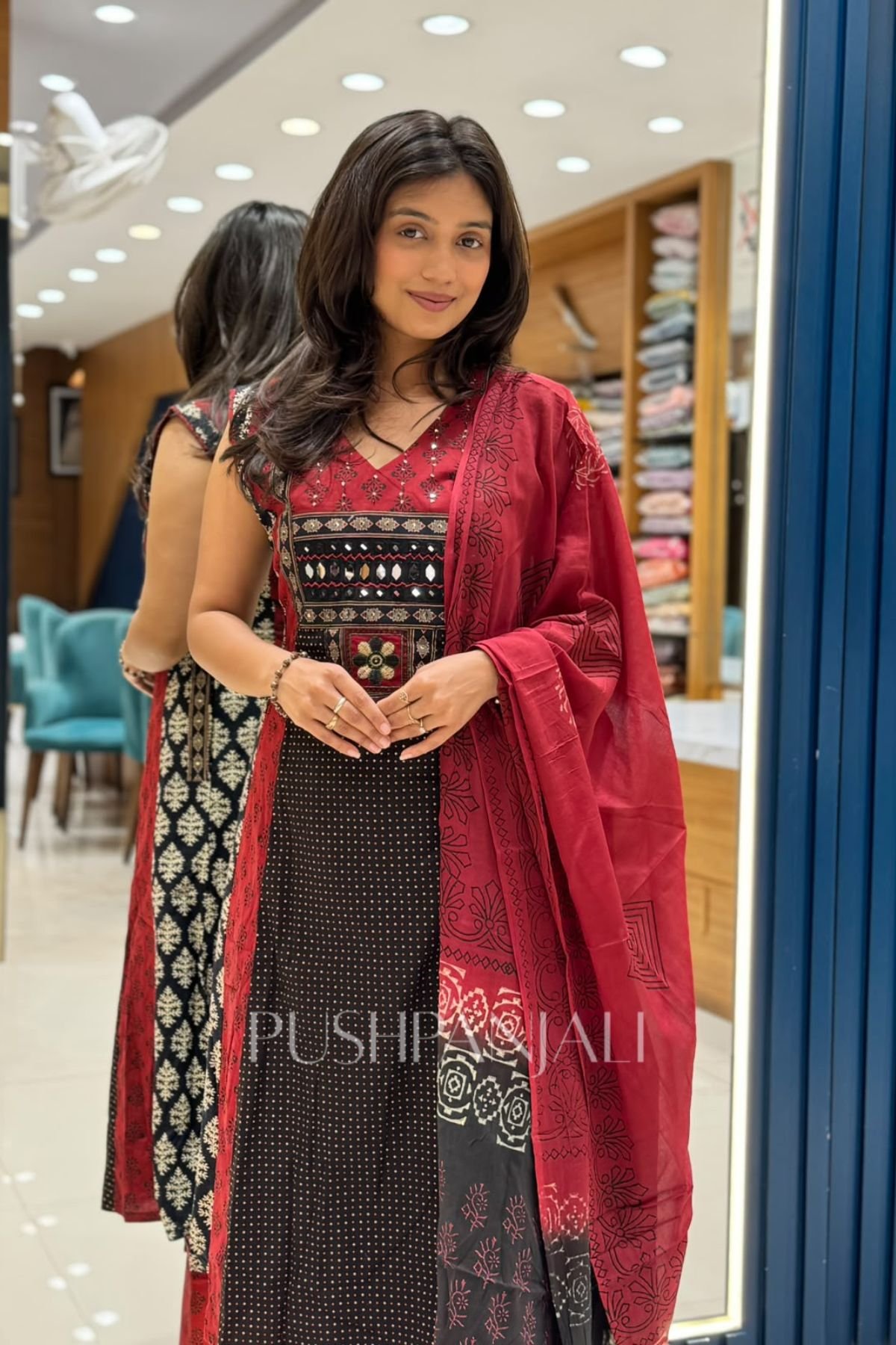 Maroon & Jet Black Cotton Anarkali Kurta Pant Set with Traditional Printed Dupatta - Image 2