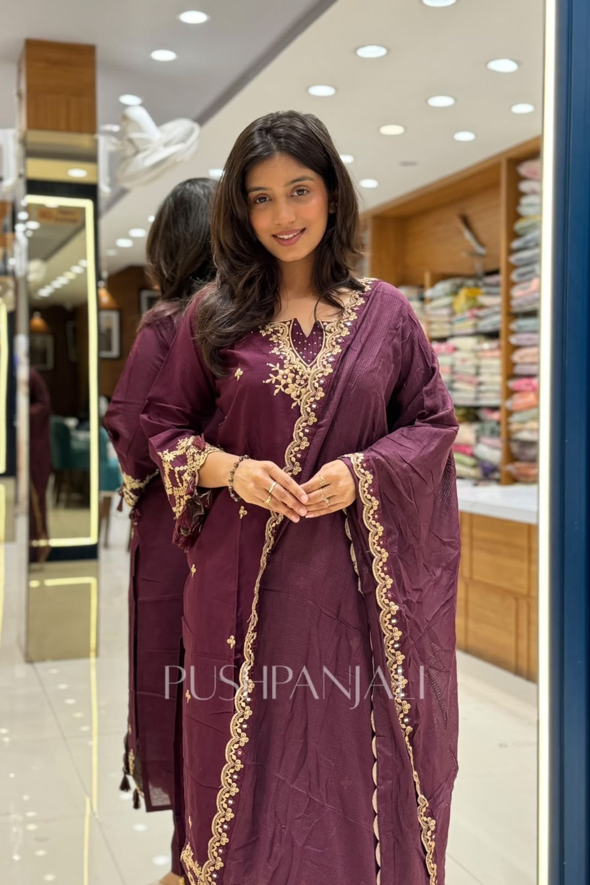 Premium Cotton Embroidered Kurta Set with Dupatta – Deep Wine - Image 2