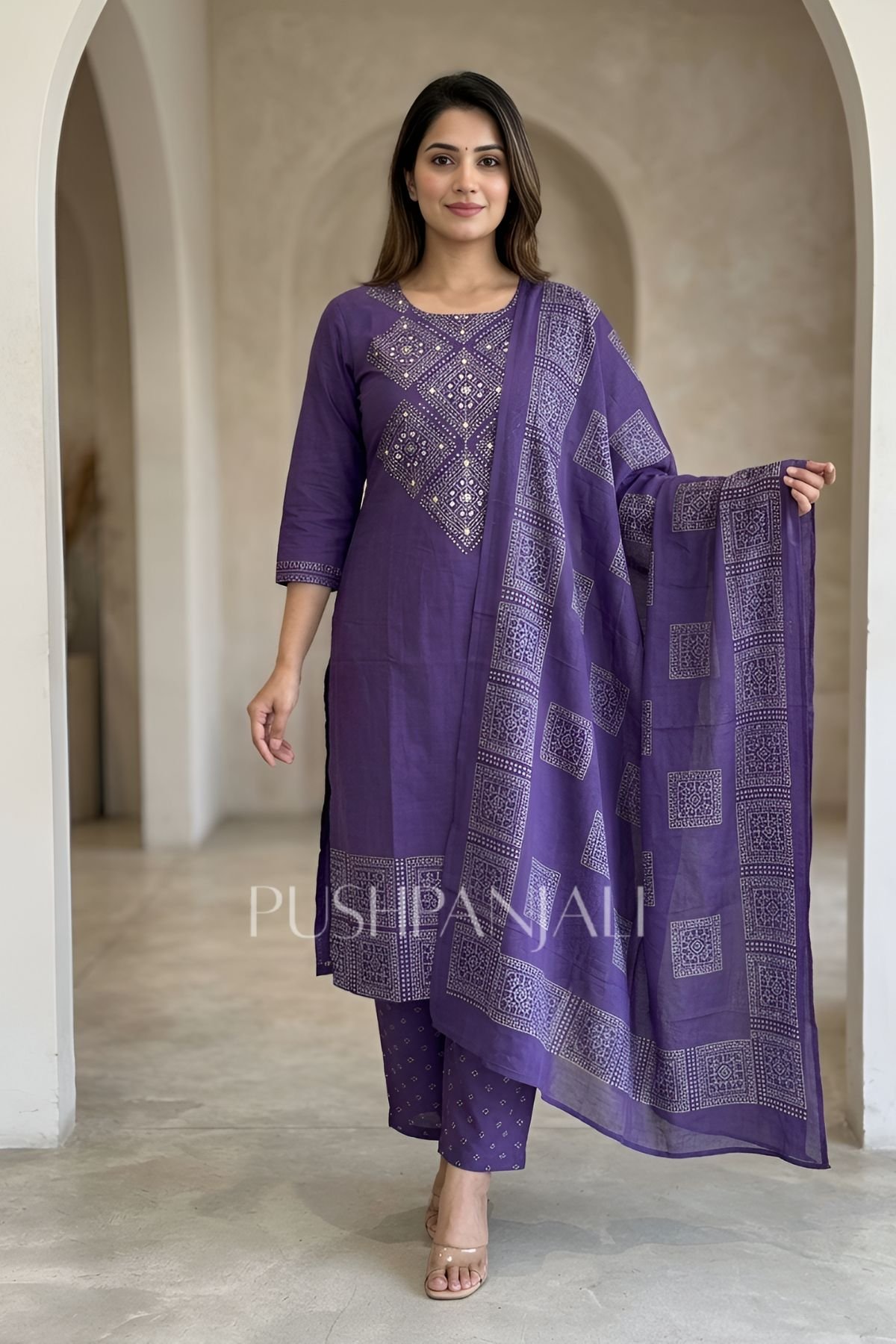 Purple Cotton Kurta Pant Set with Printed Dupatta for Women