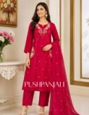 Premium Magenta Pink Floral Applique Cotton Straight Kurta Pant Set with Dupatta for Women
