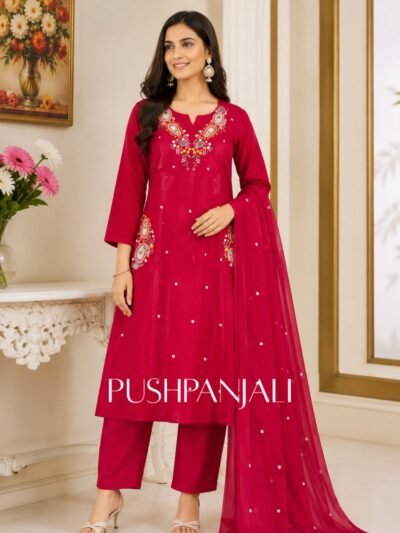 Premium Magenta Pink Floral Applique Cotton Straight Kurta Pant Set with Dupatta for Women