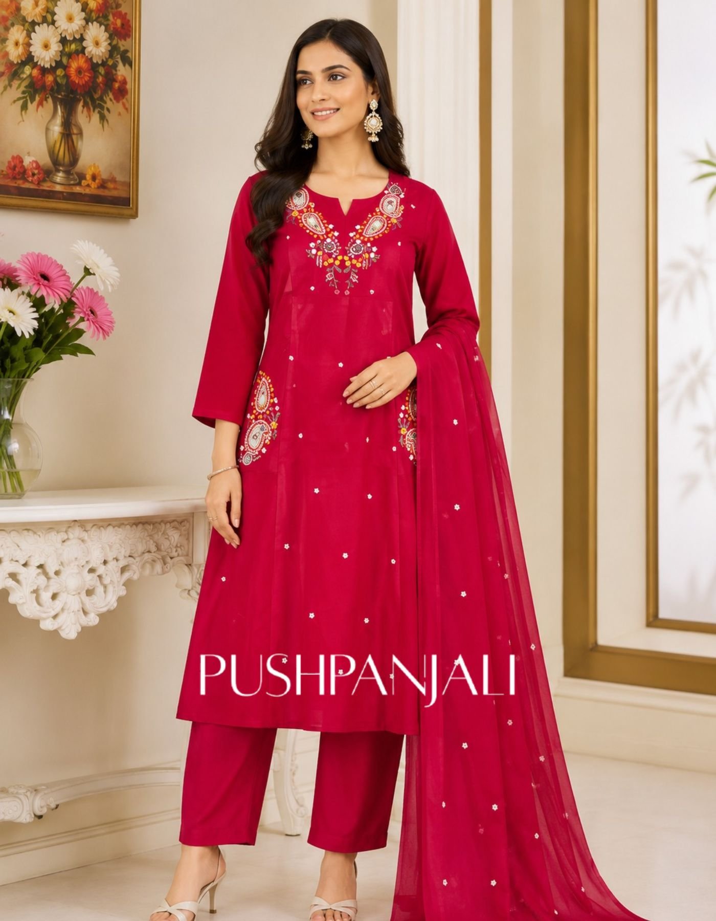Premium Magenta Pink Floral Applique Cotton Straight Kurta Pant Set with Dupatta for Women