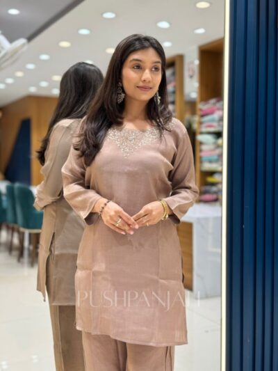 Women's Mocha Brown Embroidered Kurta Pant Set