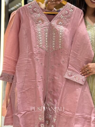 Premium Mul Chanderi Embroidered Anarkali Kurta Set with Dupatta – Dusty Pink