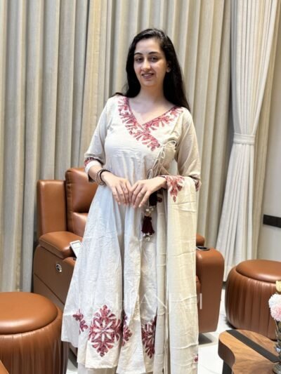 Premium Off White Cotton Angrakha Kurta Pant Set with Dupatta for Women