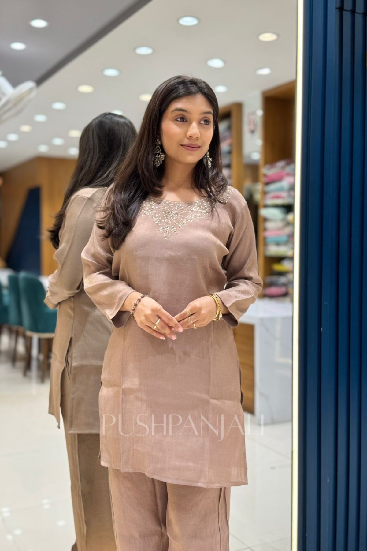 Women's Mocha Brown Embroidered Kurta Pant Set