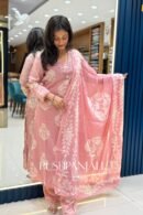 Pastel Baby Pink Floral Printed Chanderi Cotton Kurta Set with Mirror Work Neckline