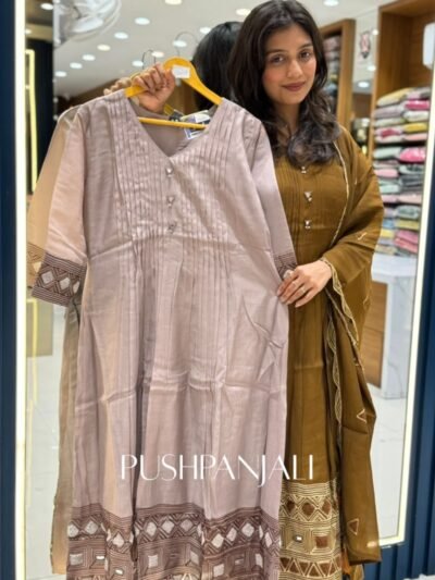 Taupe Grey Chanderi Silk Pintuck A-Line Kurta Set with Contrast Embroidered Borders