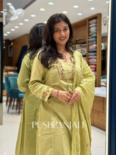 Pastel Lime Green Chanderi Silk Floral Embroidered Straight Kurta Set