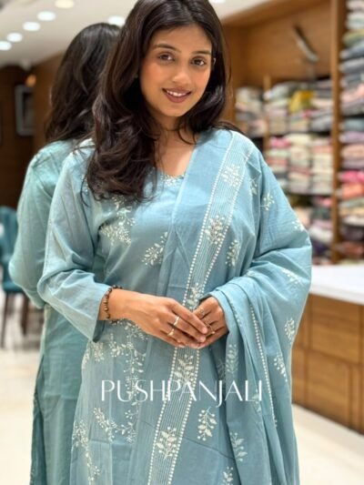 Premium Cotton Embroidered Kurta Set with Dupatta – Pastel Blue